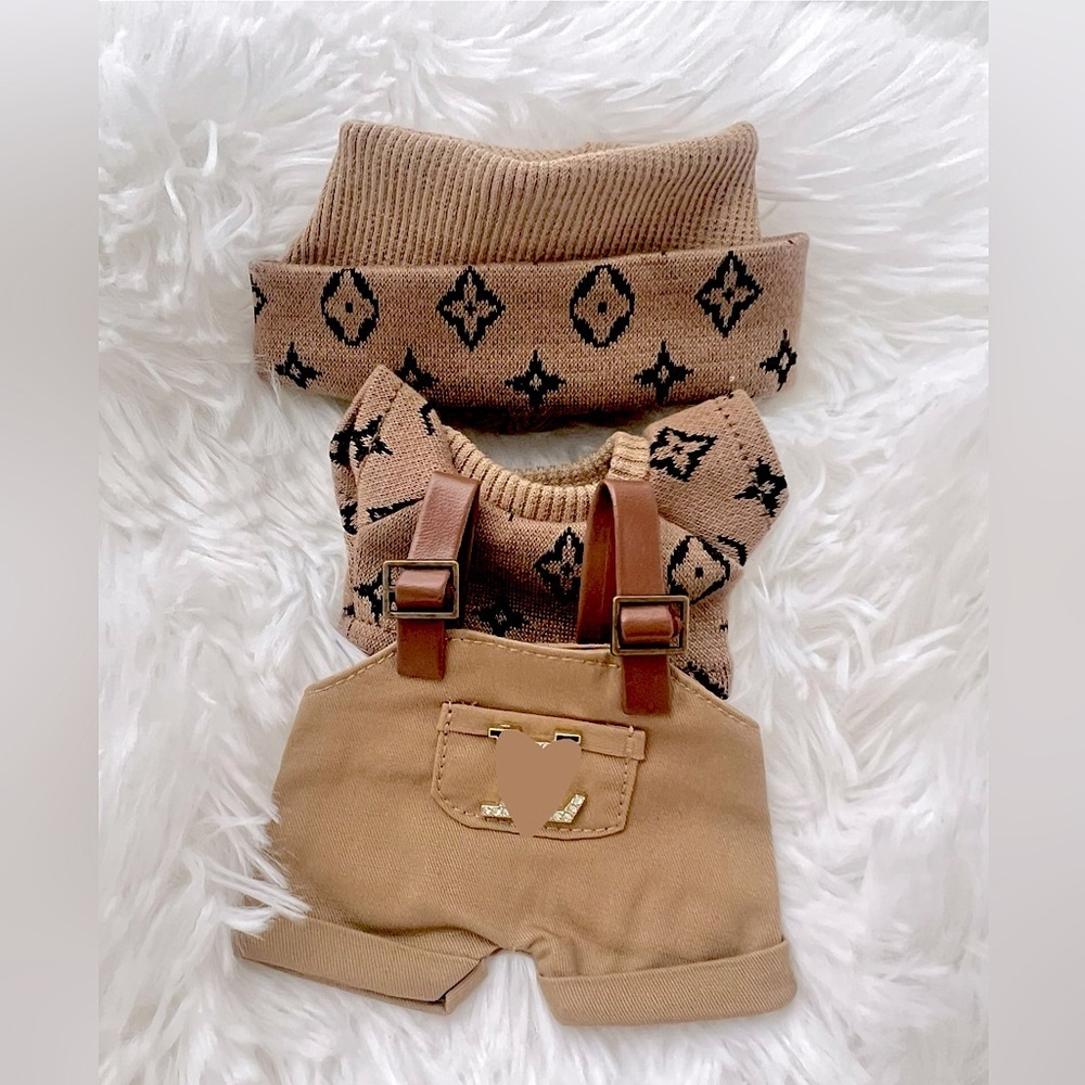 Labubu Clothes Luxury Designer Inspired 3 piece Shirt Hat Overalls Black & Tan